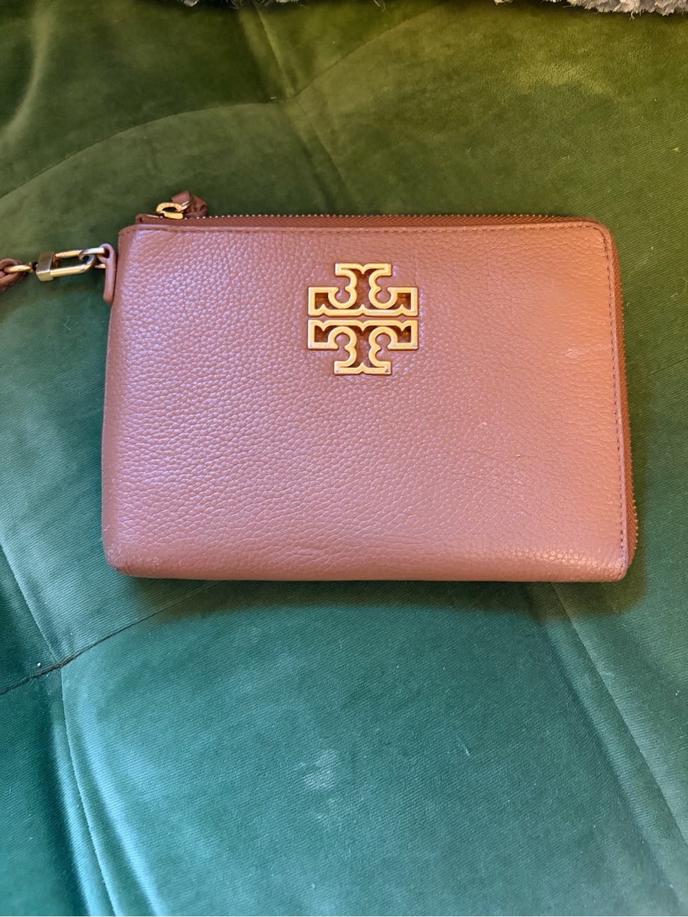 Tory Burch Tan Pebbled Leather Wristlet with Gold Logo